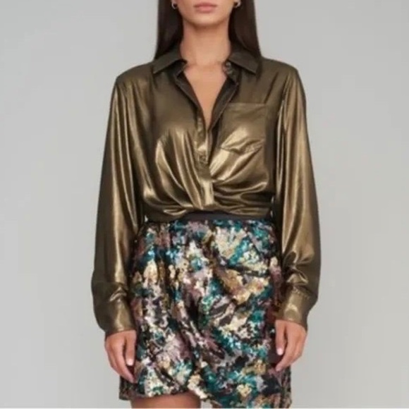 Le Superbe Metallic Sunset Tower Tuck Cropped Blouse Gold Size 6 - Picture 5 of 16